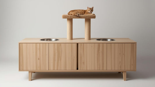 Cat lounging on hidden litter box cabinet with gray carpet cat tree and built-in food bowls