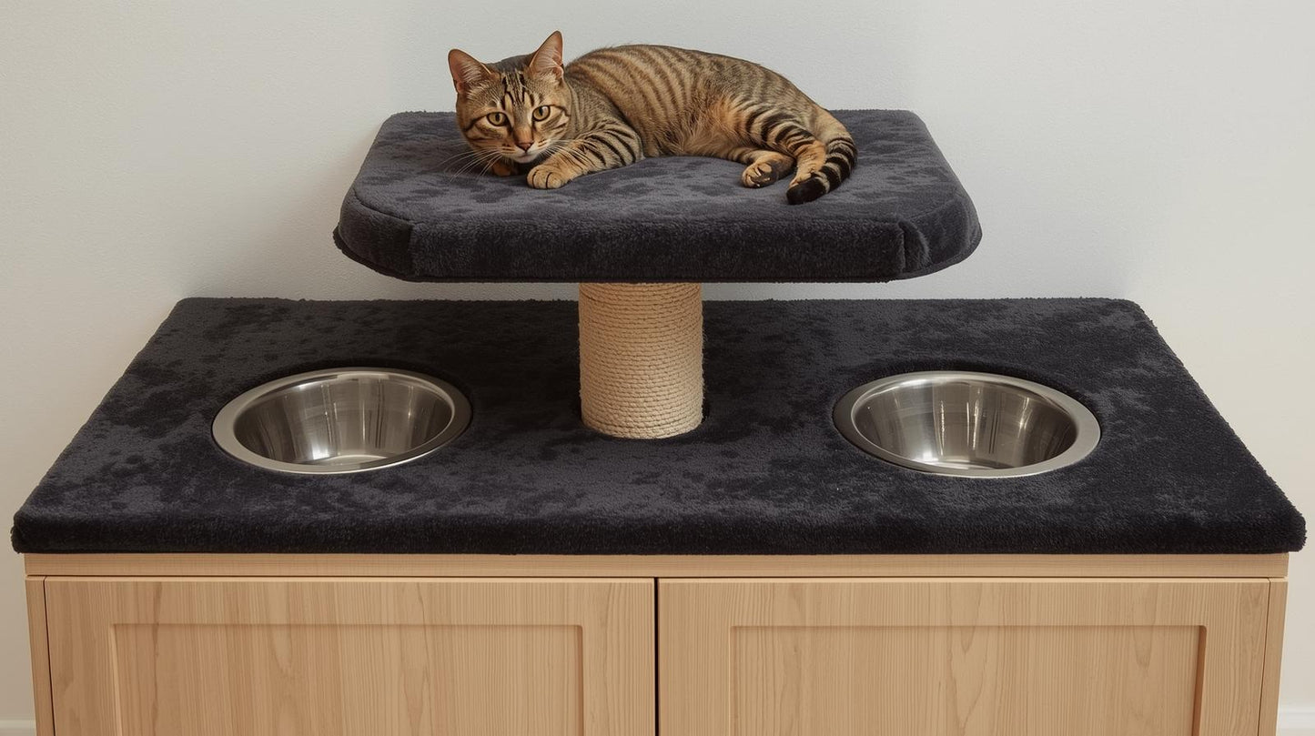 Cat lounging on hidden litter box cabinet with gray carpet cat tree and built-in food bowls