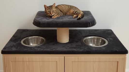Cat lounging on hidden litter box cabinet with gray carpet cat tree and built-in food bowls