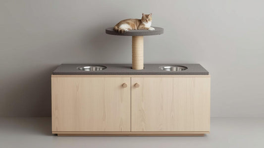 Cat lounging on hidden litter box cabinet with gray carpet cat tree and built-in food bowls