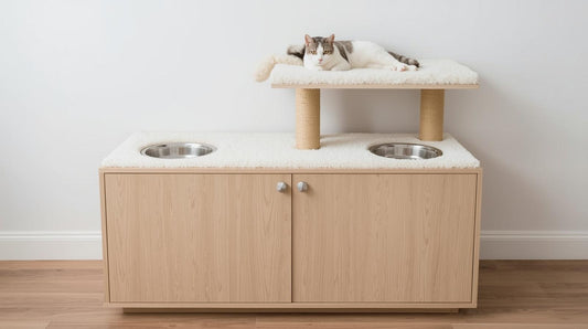 Cat lounging on hidden litter box cabinet with white carpet cat tree and built-in food bowls